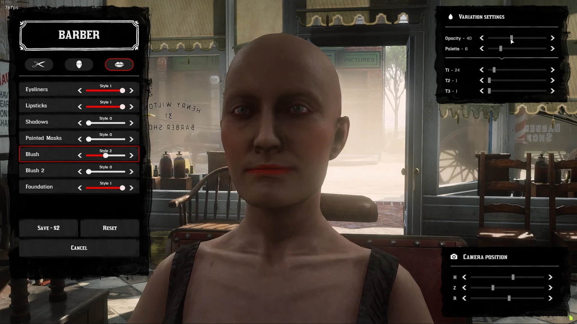 Barber makeup categories with blush selected and variation controls on the right
