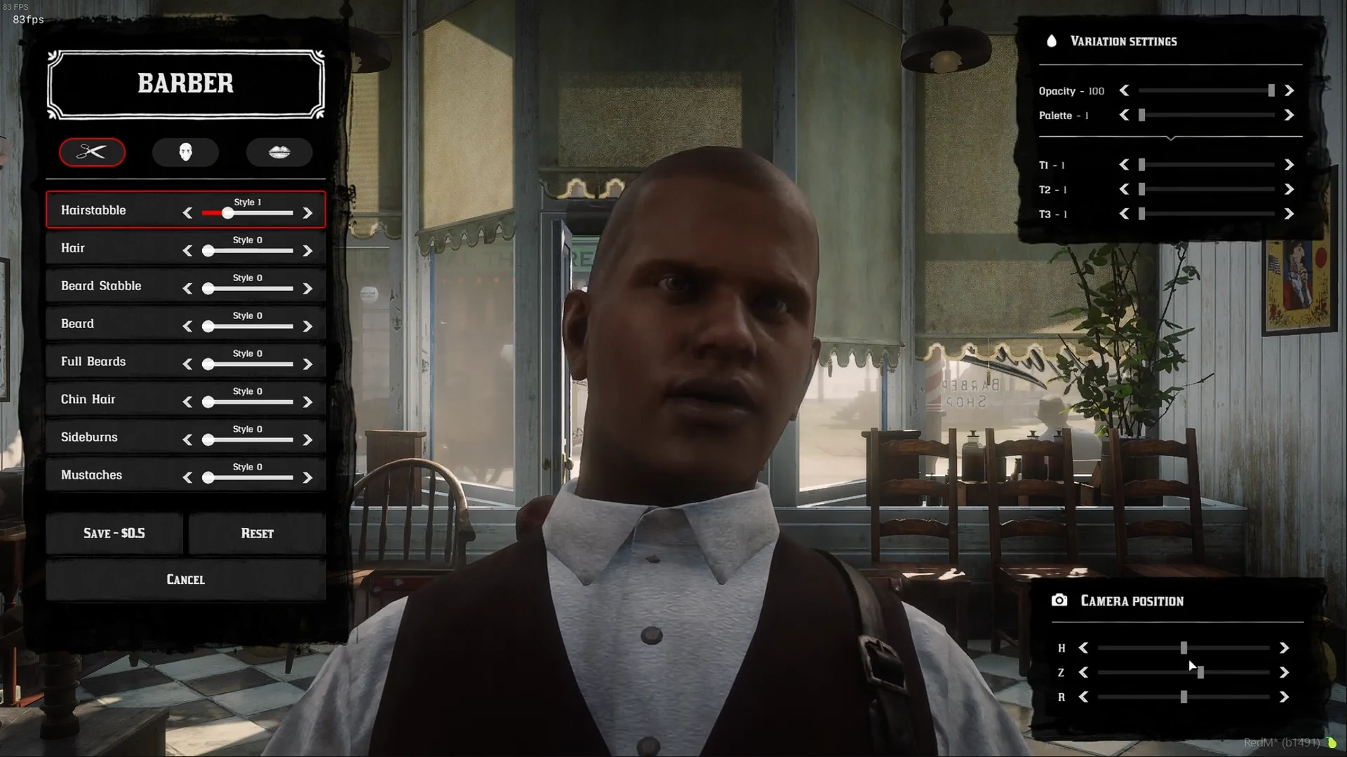 Barber hair and beard categories with opacity, palette and tint controls