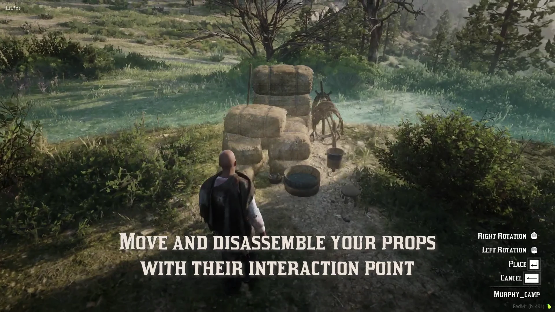 Repositioning a camp object with its placement guide and rotation controls visible