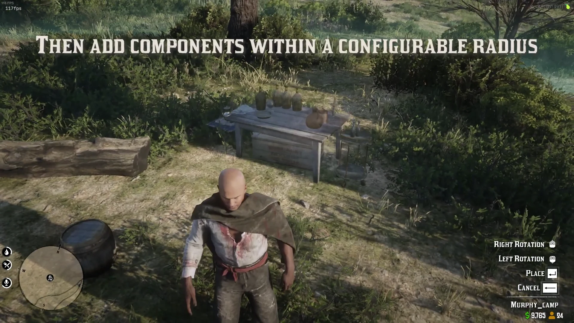 Placing a table in a camp with rotation, place and cancel controls visible