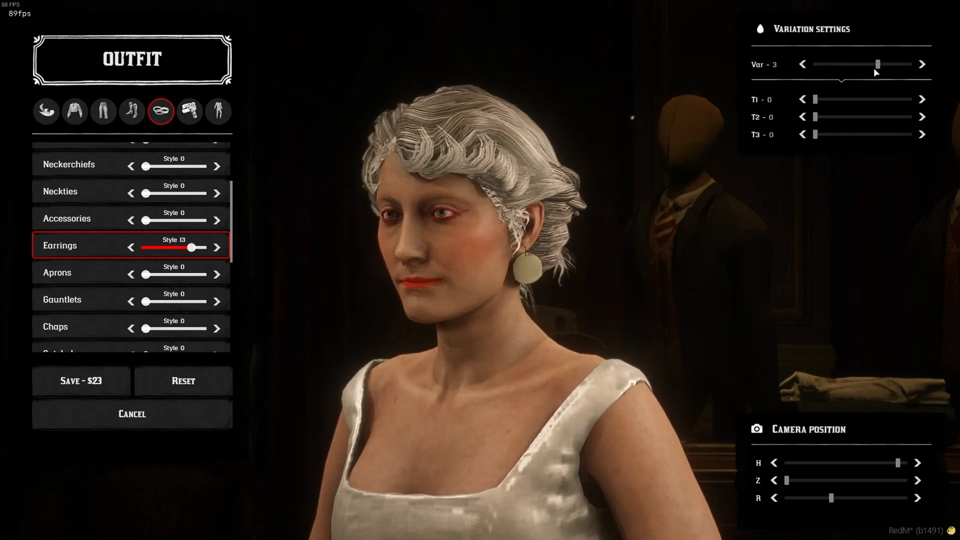 Clothing editor with accessory categories and earrings selected