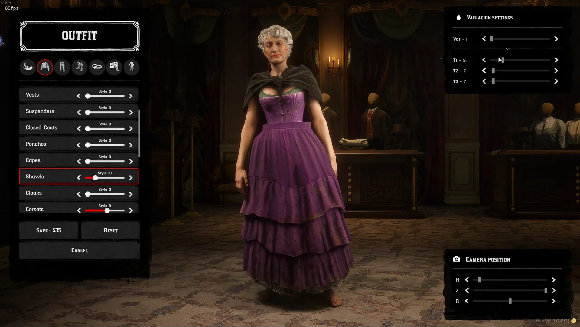 Clothing editor with torso garment categories, a dress preview and variation controls