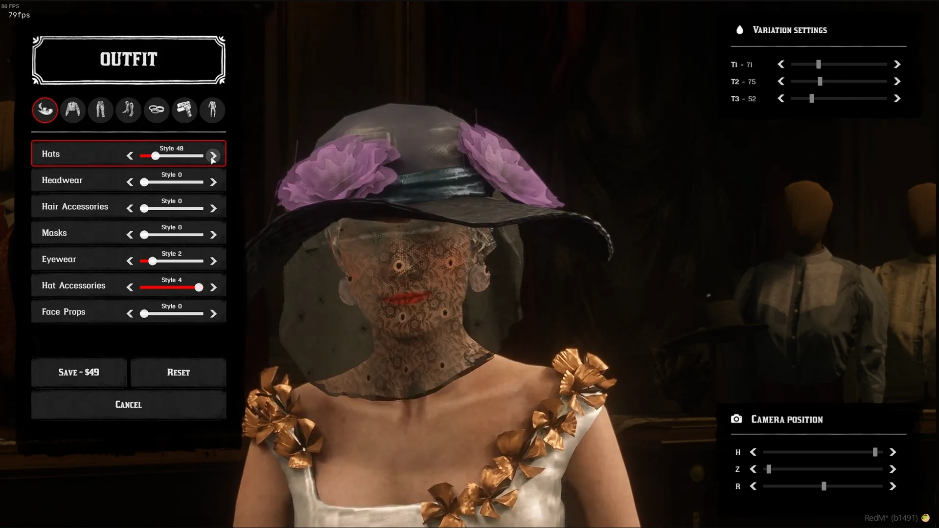 Clothing editor showing headwear and accessory categories beside the character preview