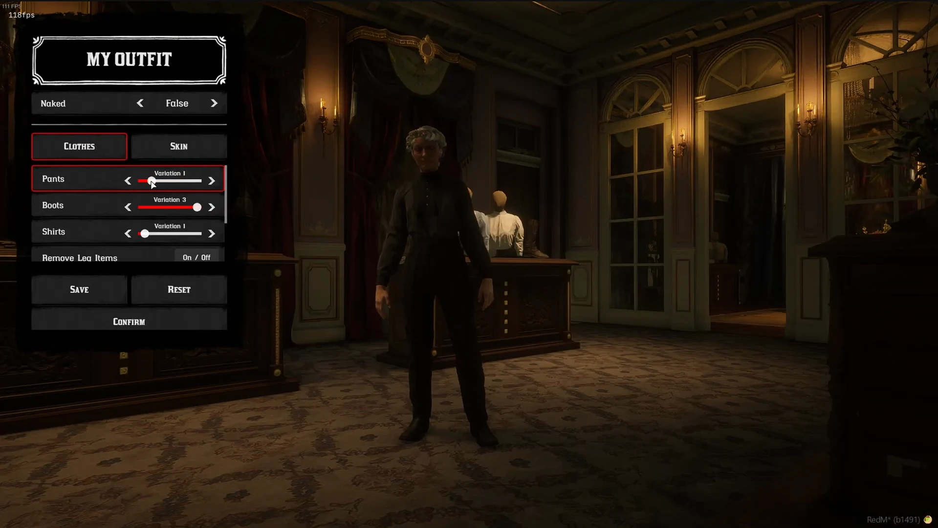 My Outfit menu showing clothes and skin tabs, clothing variations and item removal