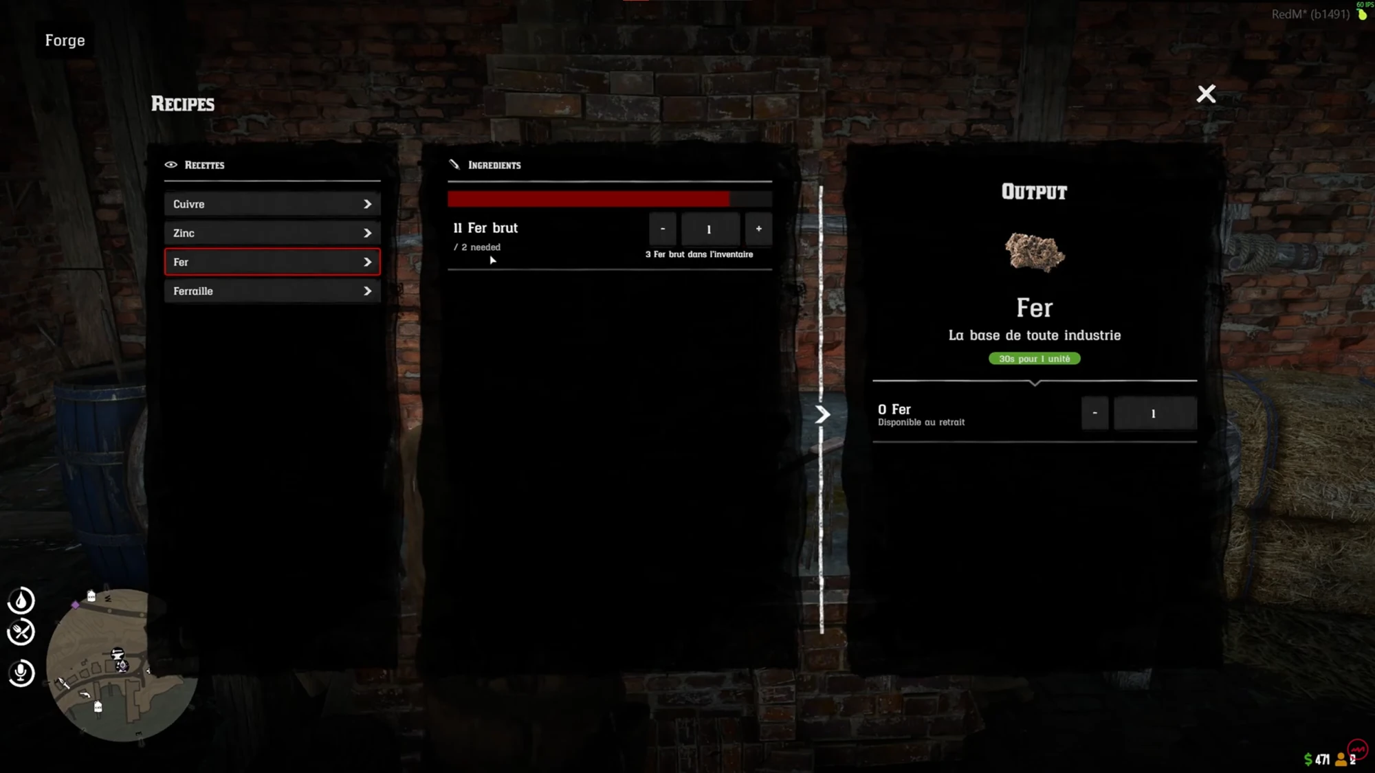 Forge interface showing a recipe list, iron ingredients and the output preview