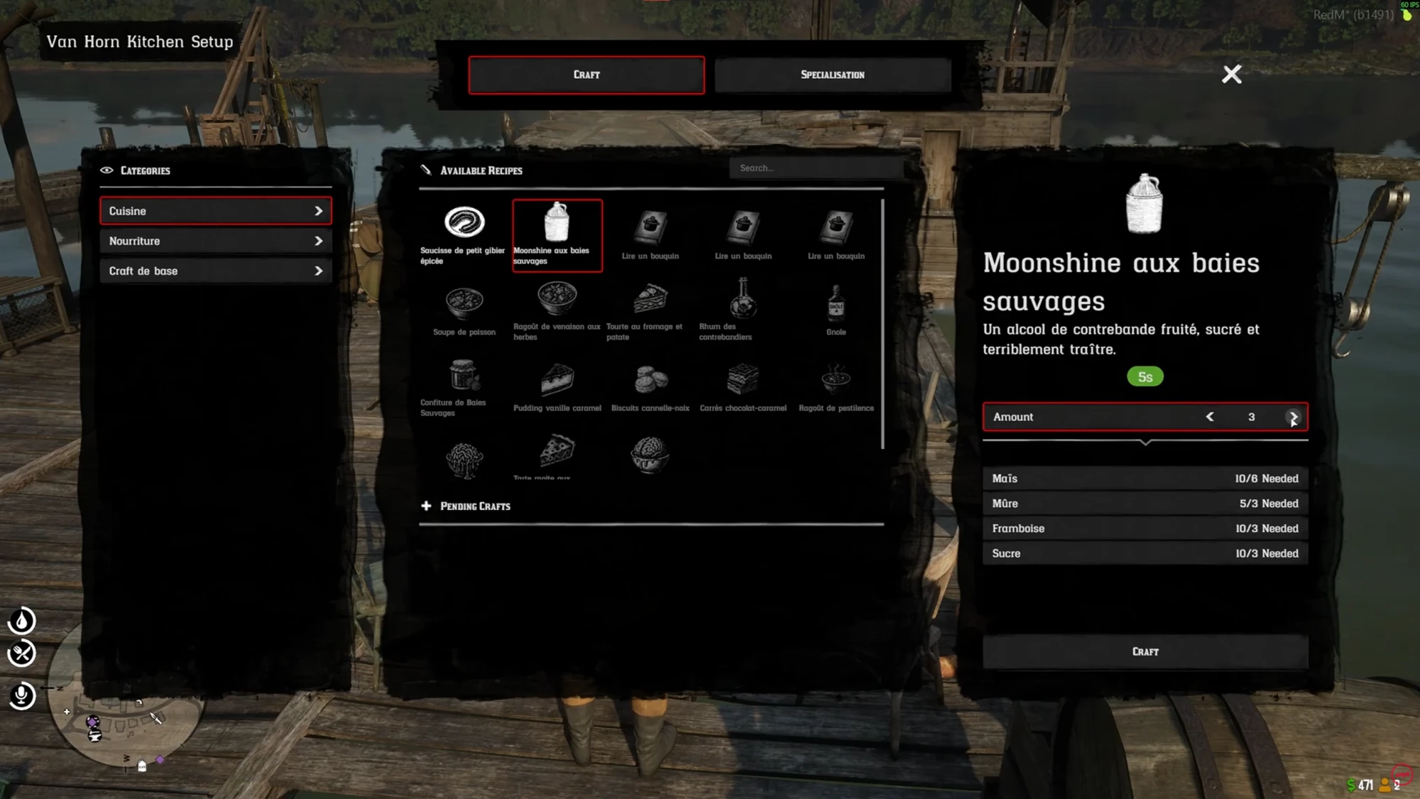 Craft interface showing categories, recipe choices, an amount selector and required ingredients