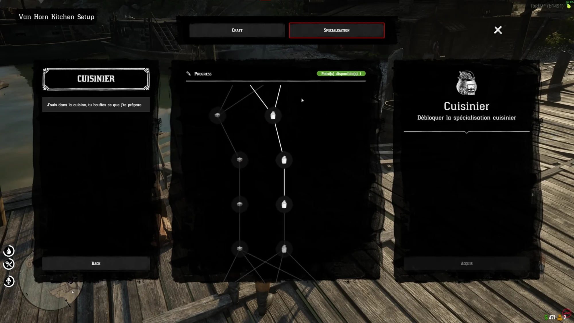 Cook specialisation screen showing available points and a branching progression tree