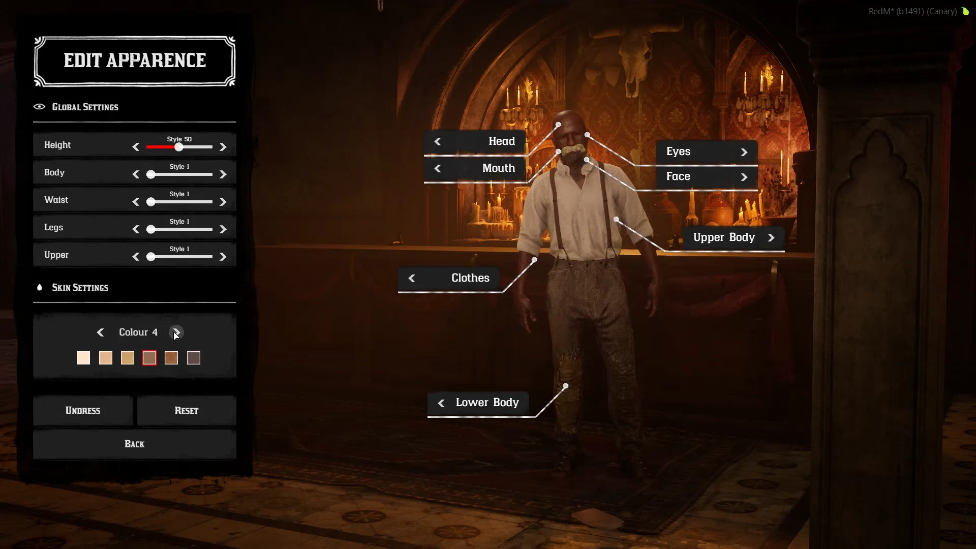 Creator appearance editor with body sliders on the left and labelled controls around the character