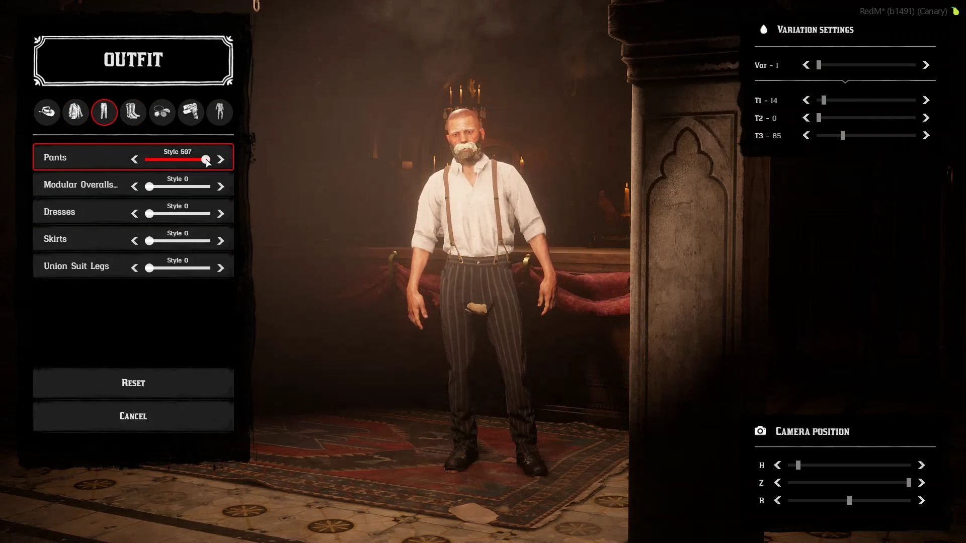 Clothing integration showing the outfit category controls and the character preview