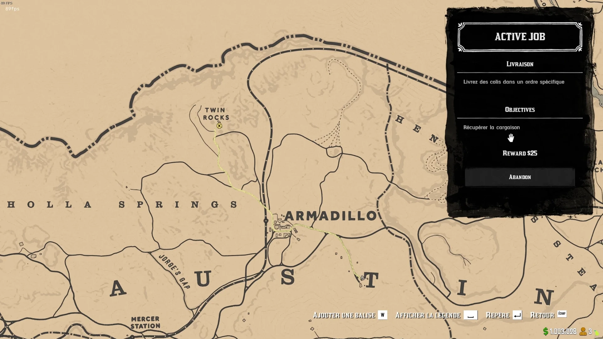 Map beside an Active Job panel showing a delivery objective, reward and abandon action