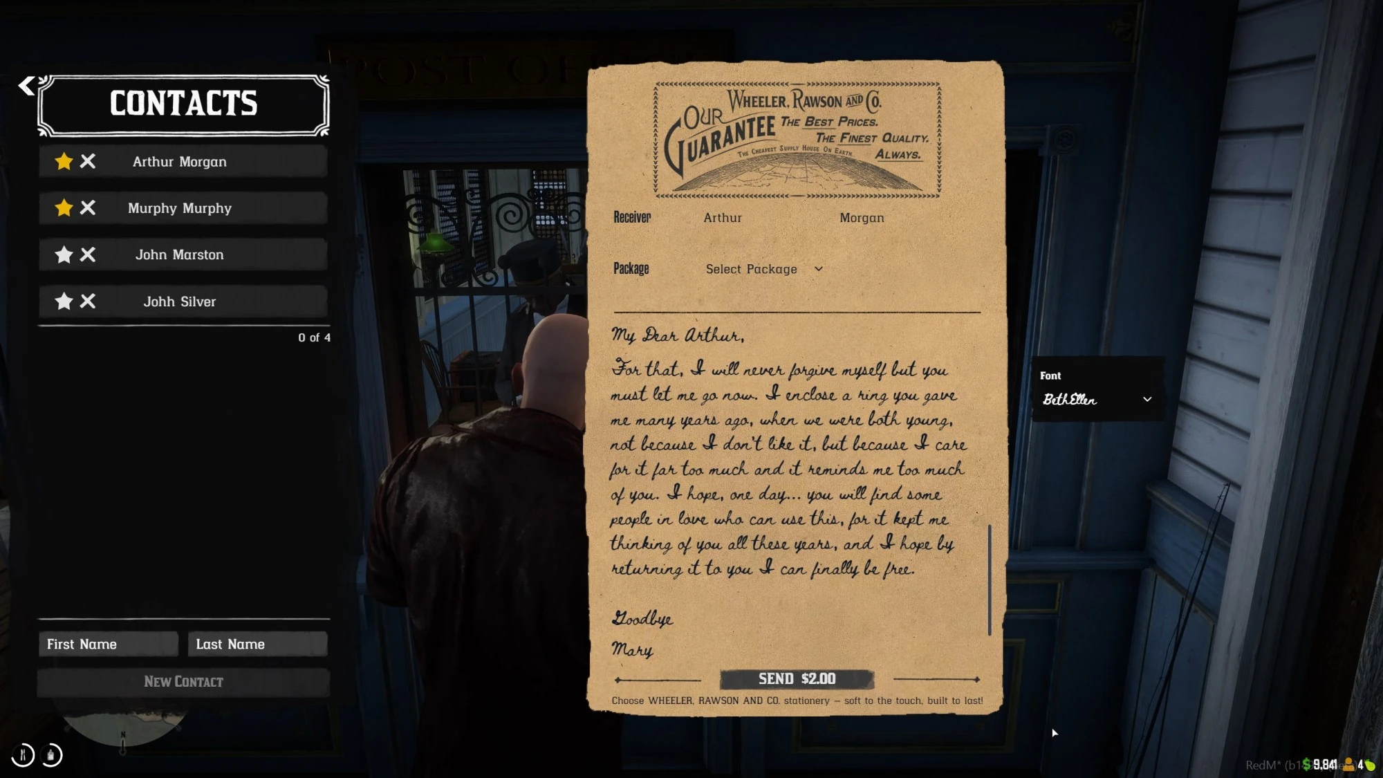 Letter composition screen beside a contacts list with recipient, package and send fields