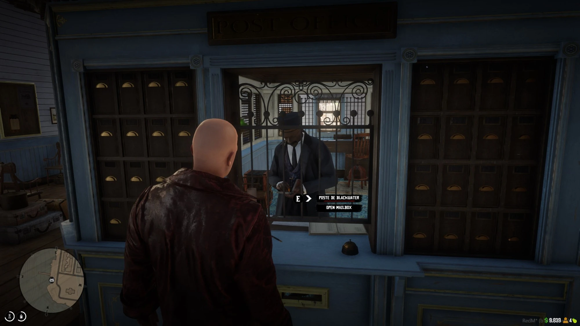 Player facing a post office clerk with interaction choices beside the counter