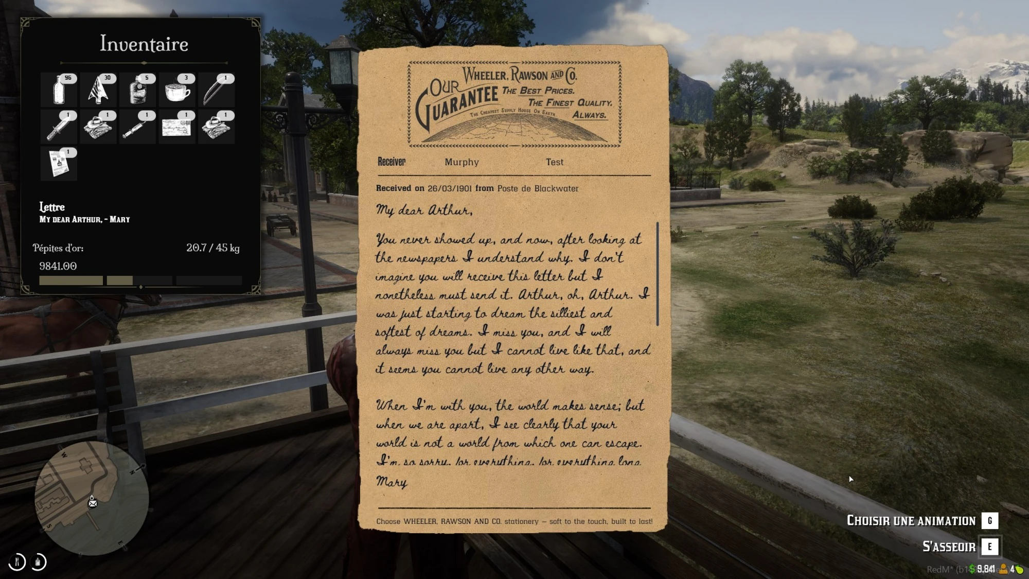 A received letter displayed in front of the player with the inventory open on the left