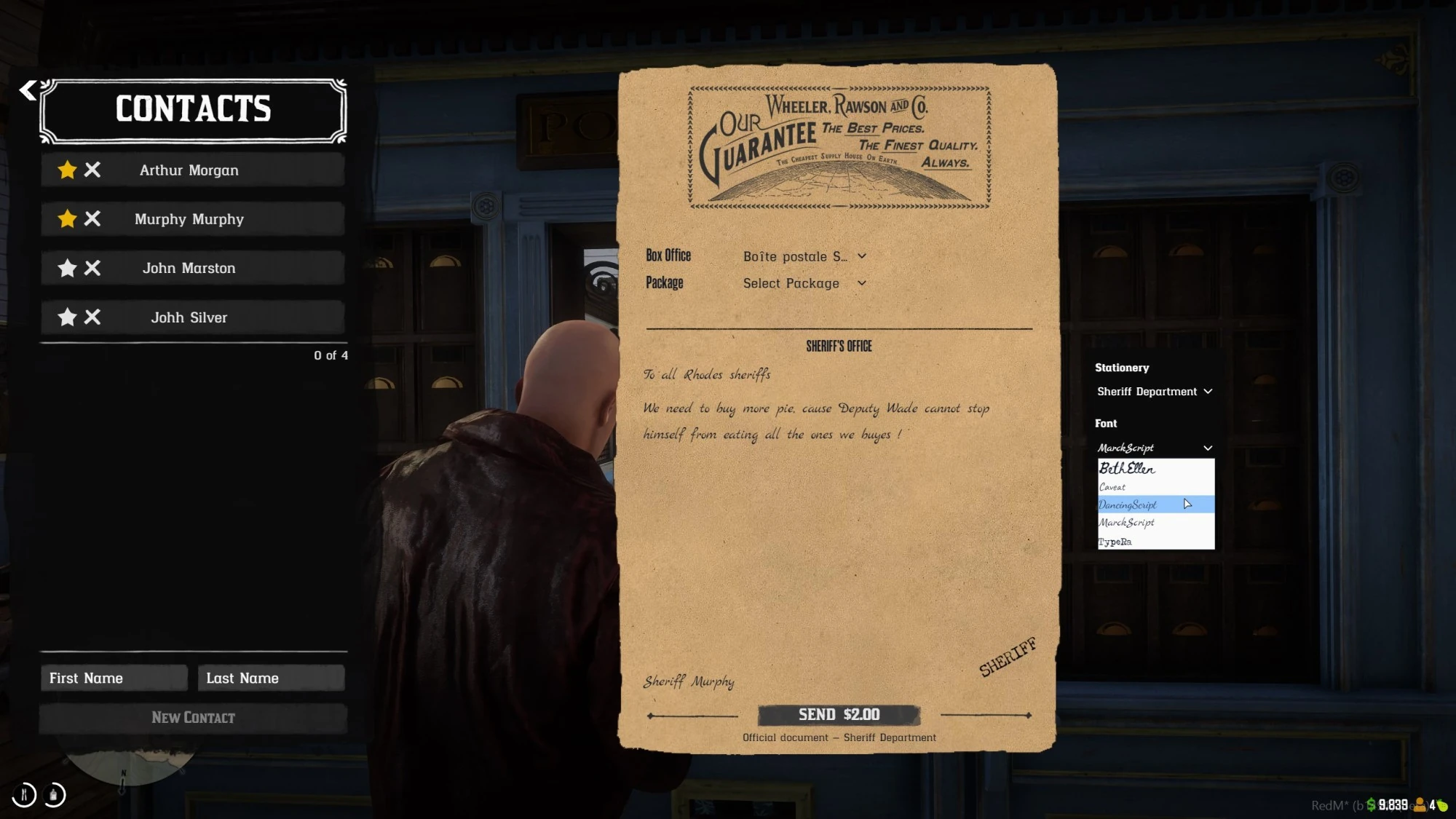 Sheriff stationery selected for a letter with the font dropdown open
