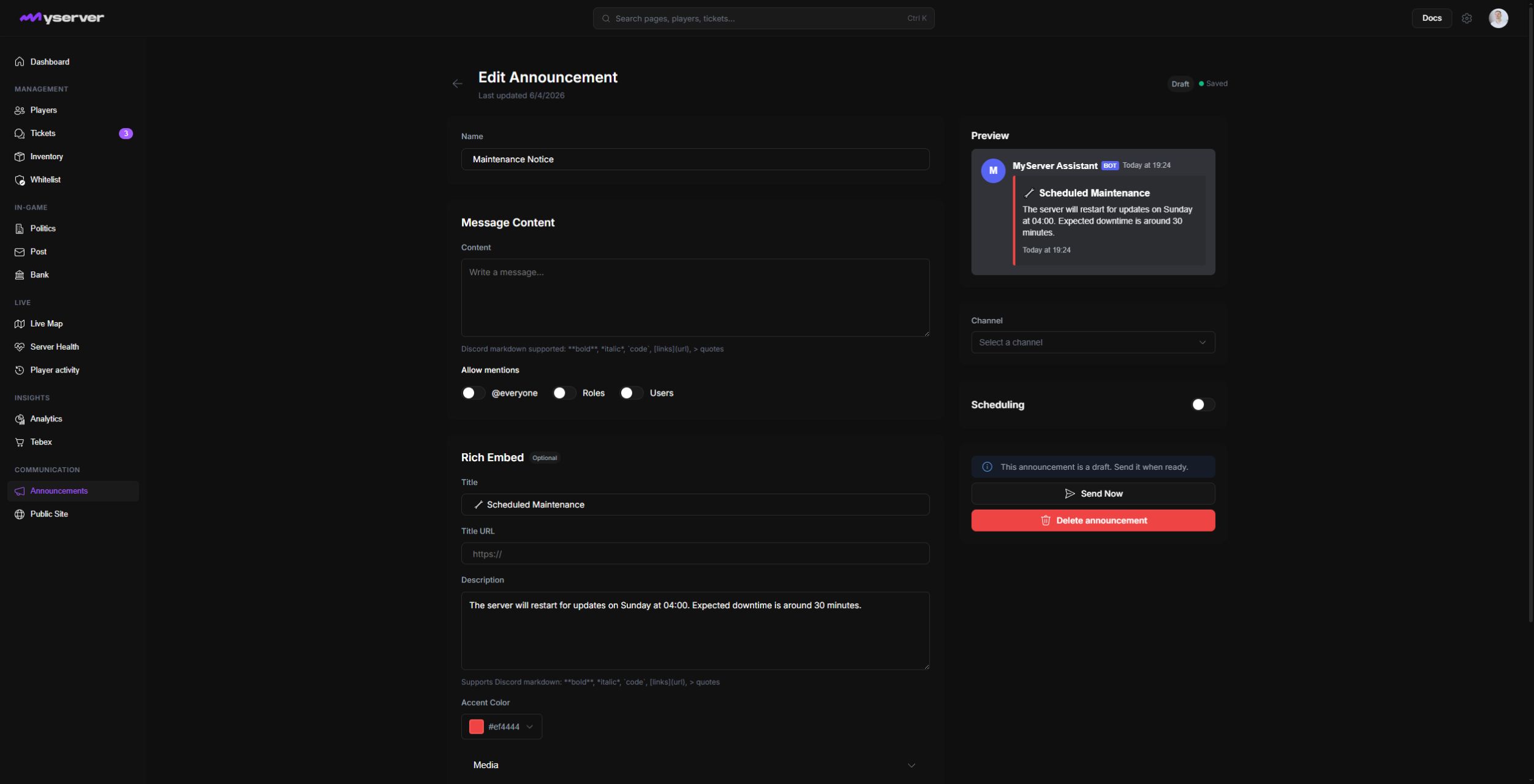 MyServer Maintenance Notice editor with rich embed form, preview, channel, and scheduling