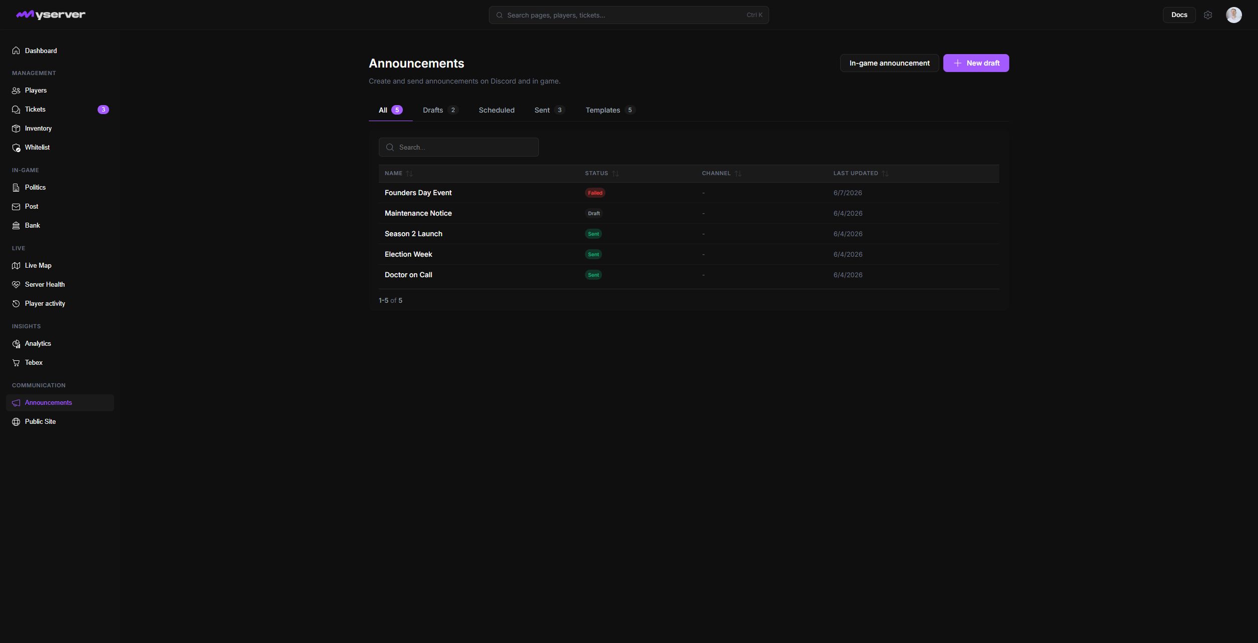 MyServer announcement workspace