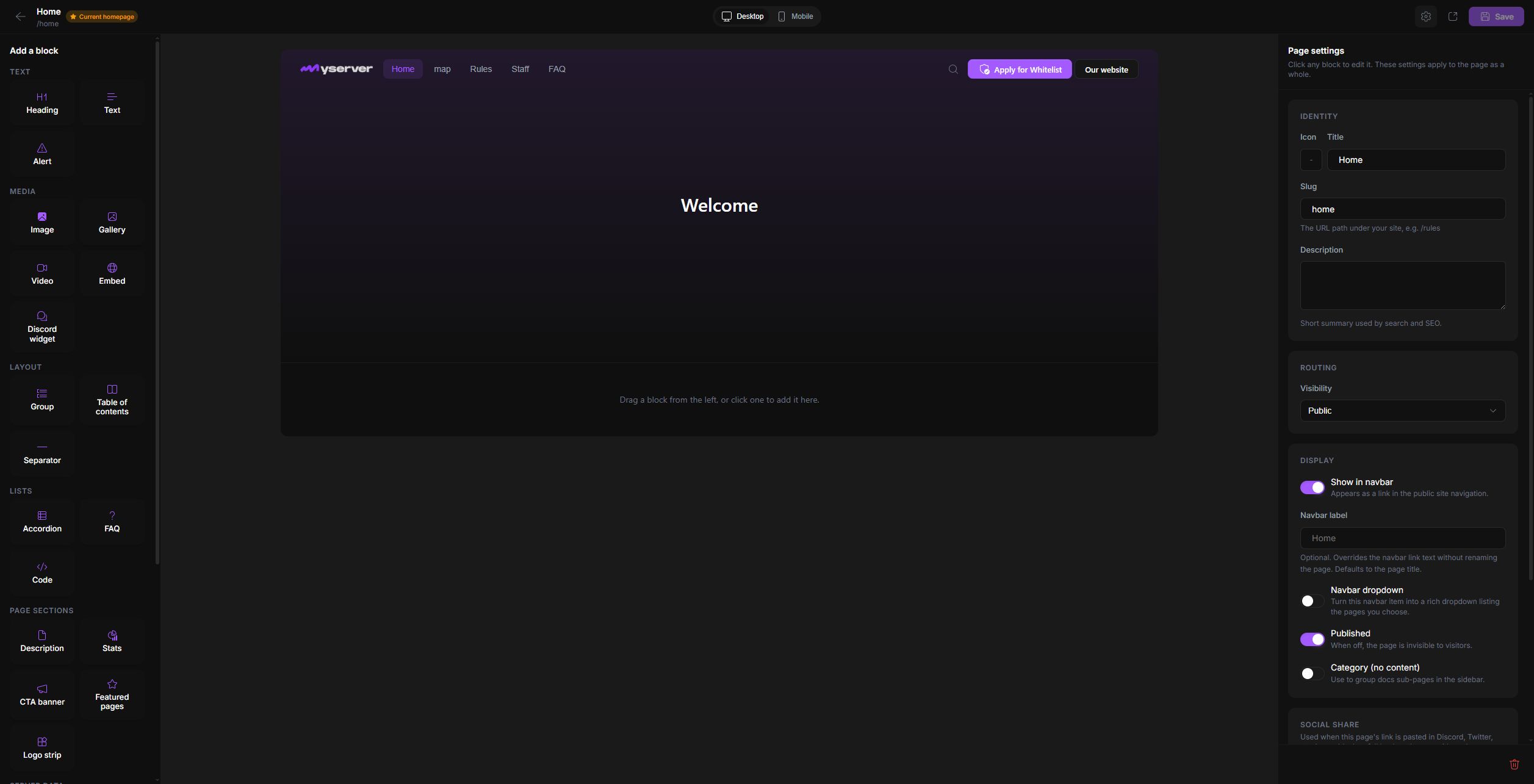 MyServer Home page builder with block library, live preview, and page settings