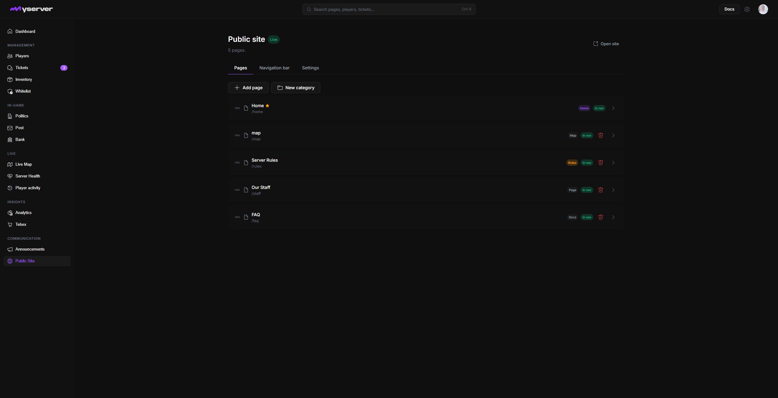 MyServer Public Site editor