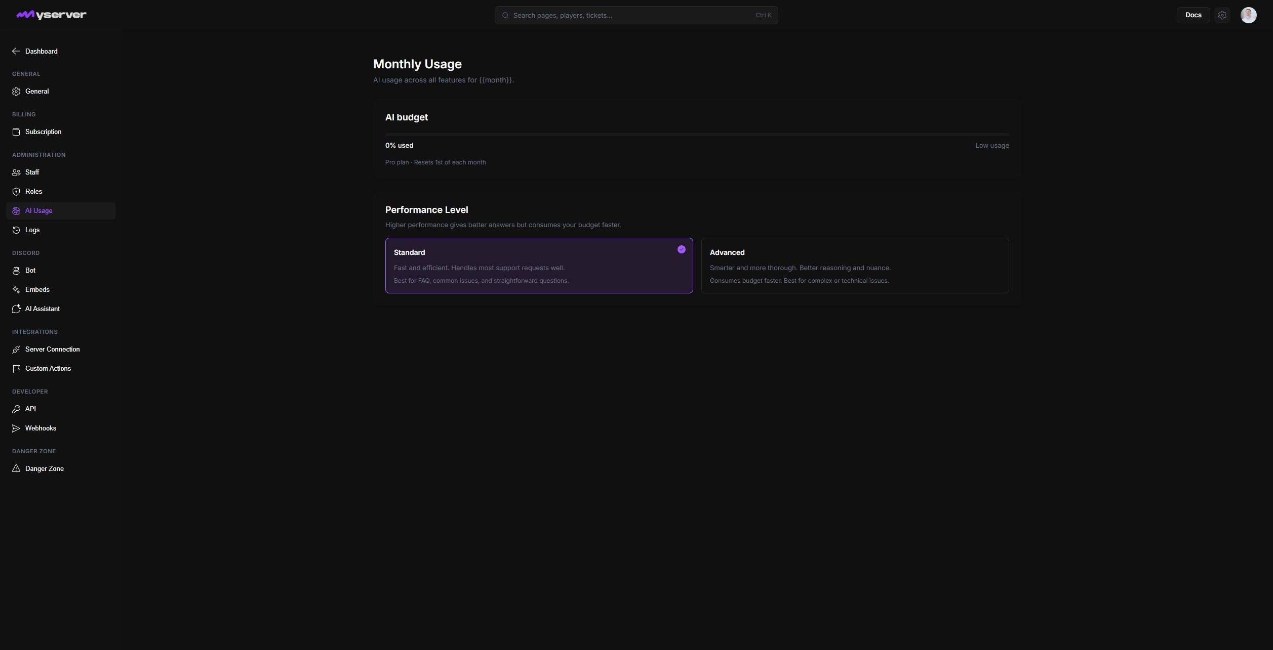 MyServer AI Usage page