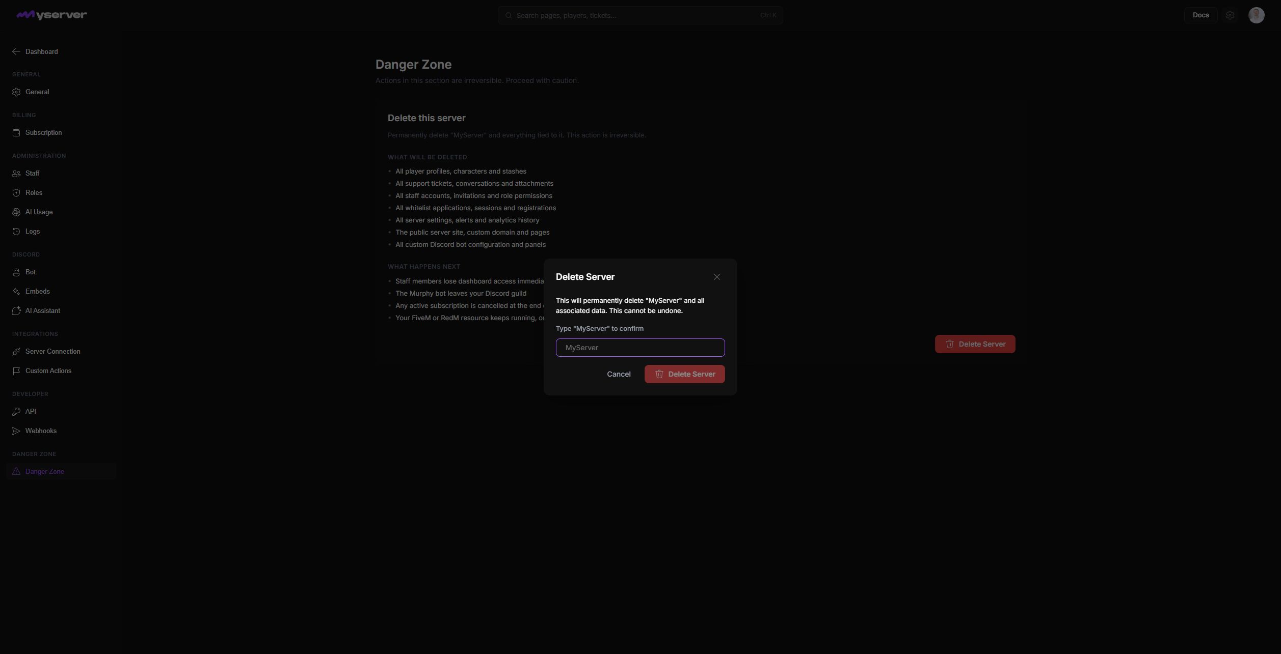 MyServer delete-server confirmation requiring the exact server name