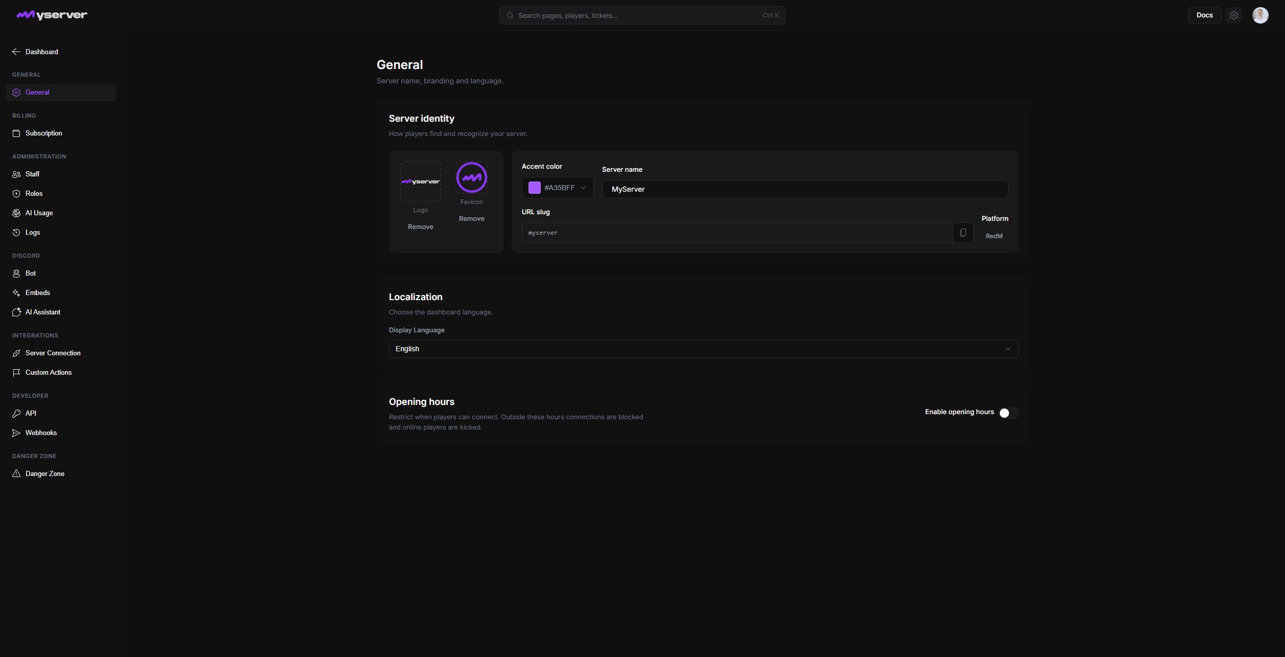 MyServer General settings page