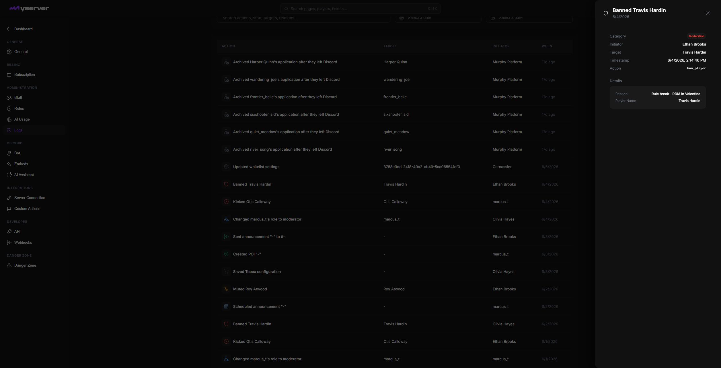 MyServer activity-log detail for a moderation action