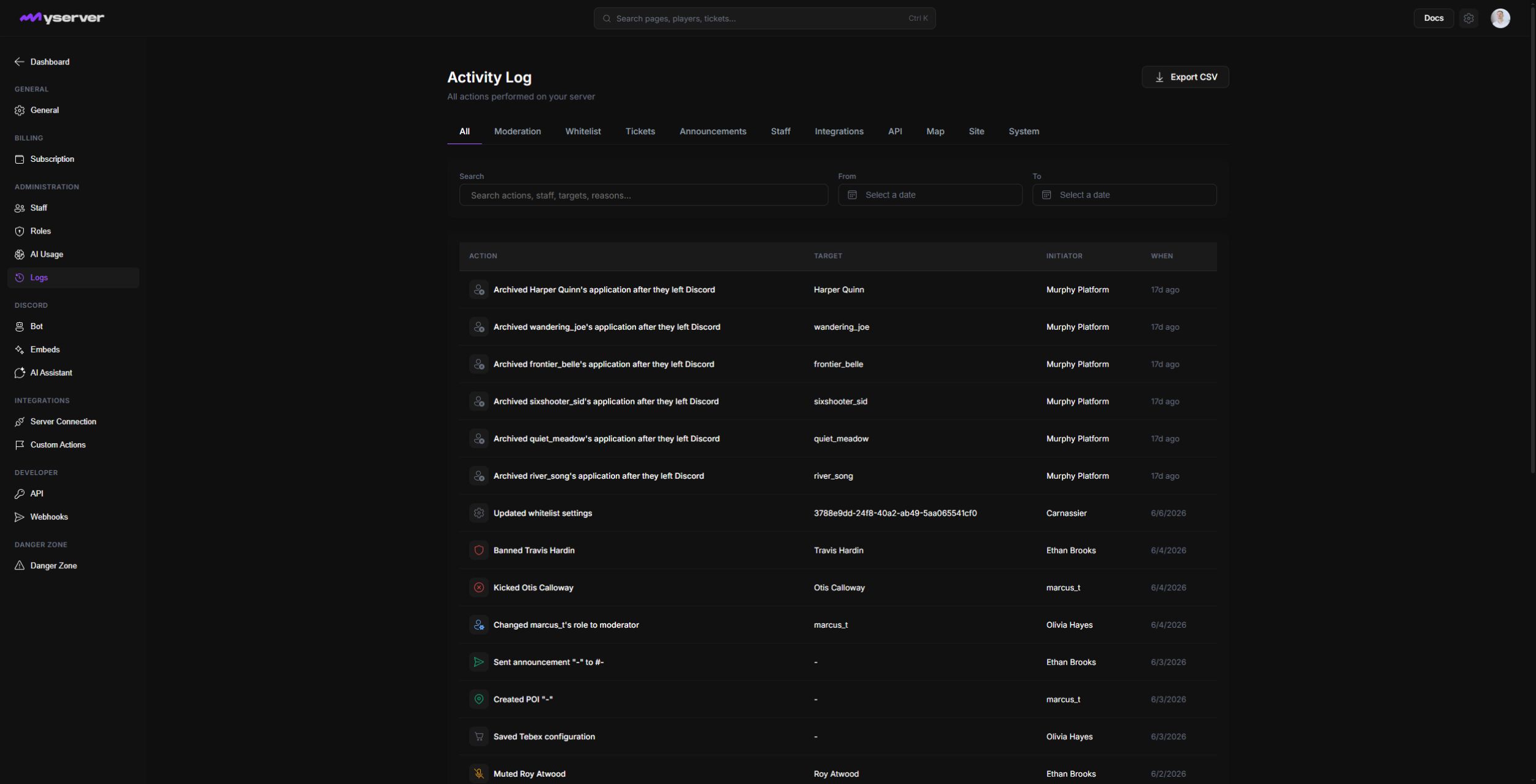 MyServer Logs page