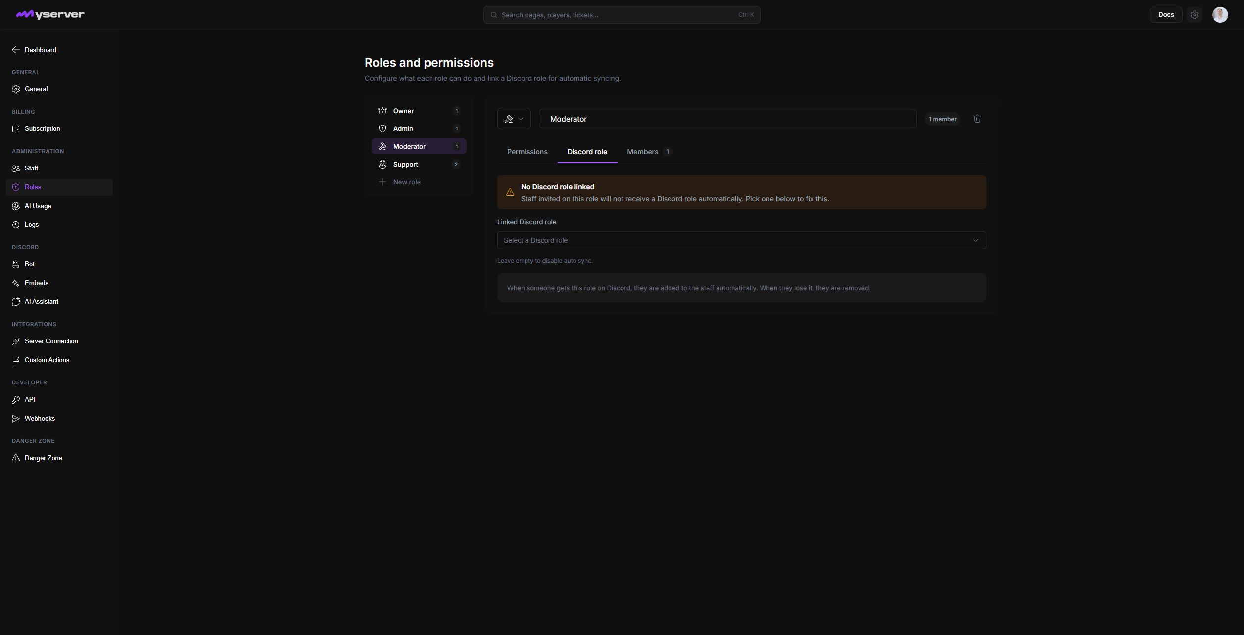 MyServer Discord role mapping for a Platform staff role