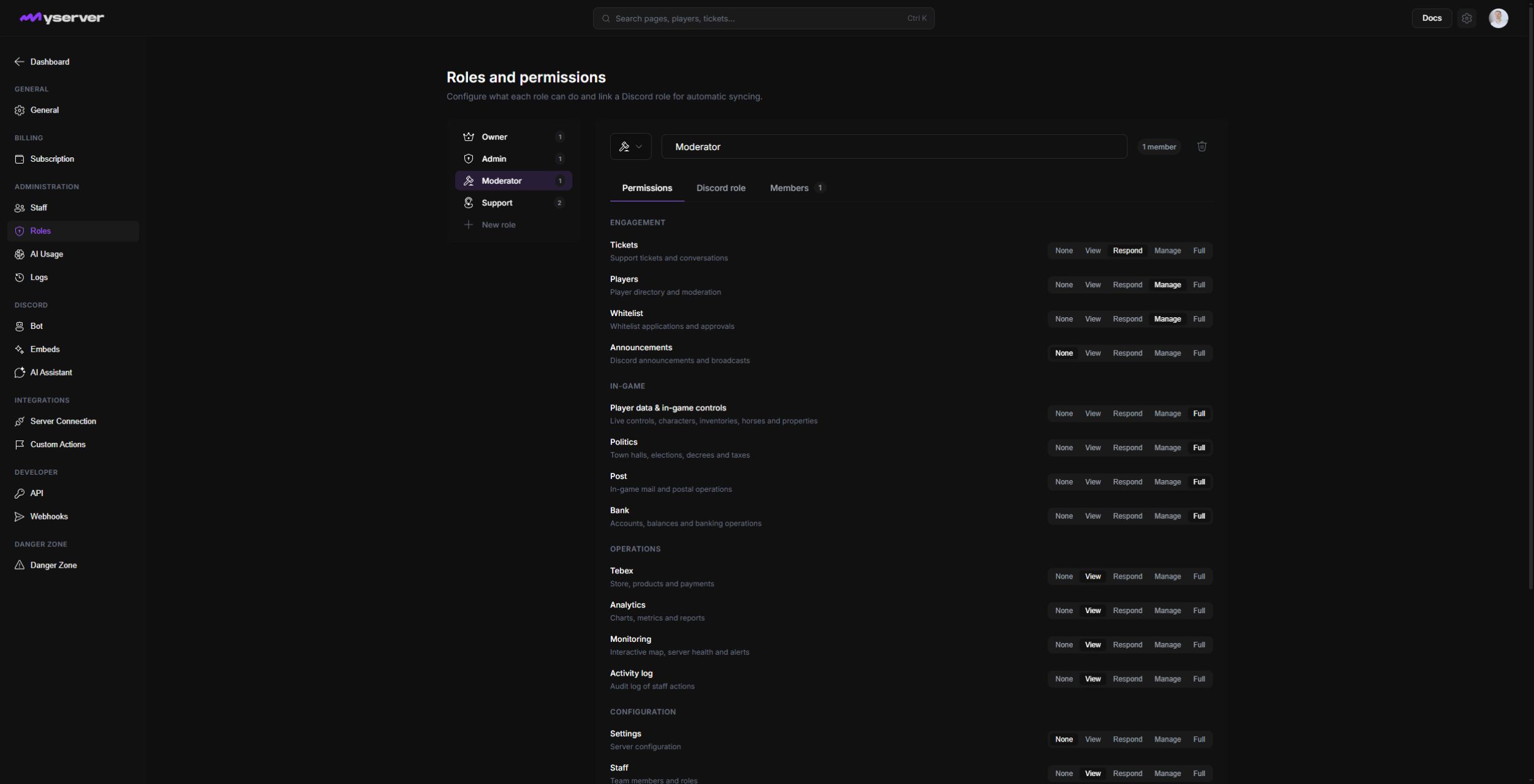 MyServer Moderator role with area permissions and capability switches