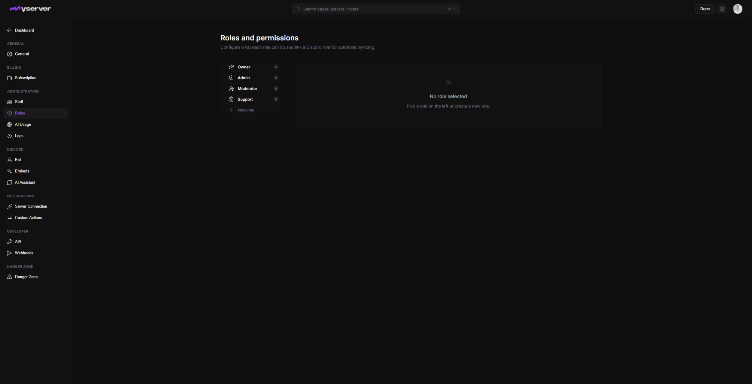 MyServer role permission page