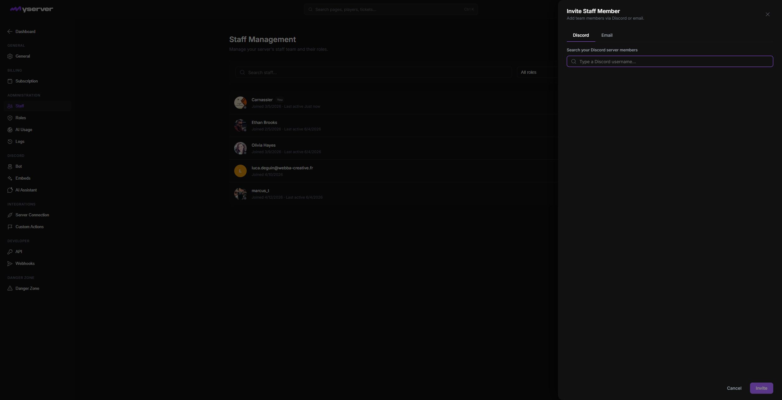 MyServer Invite Staff dialog with Discord and email invitation paths