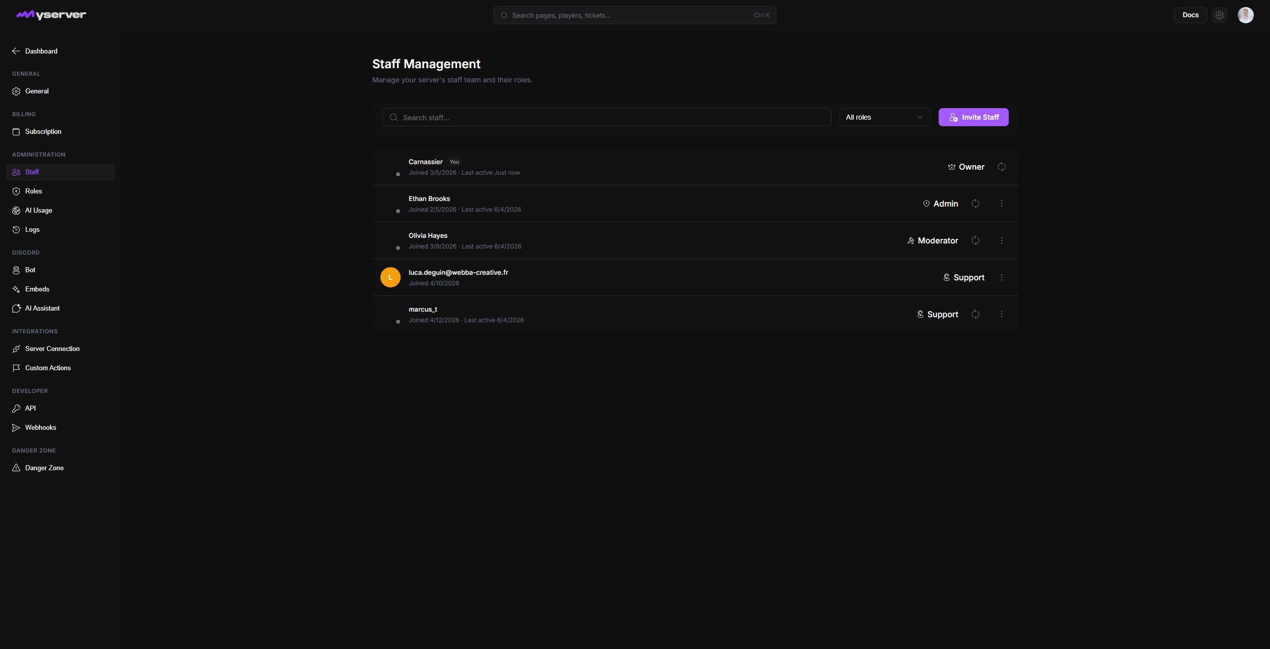 MyServer staff management page