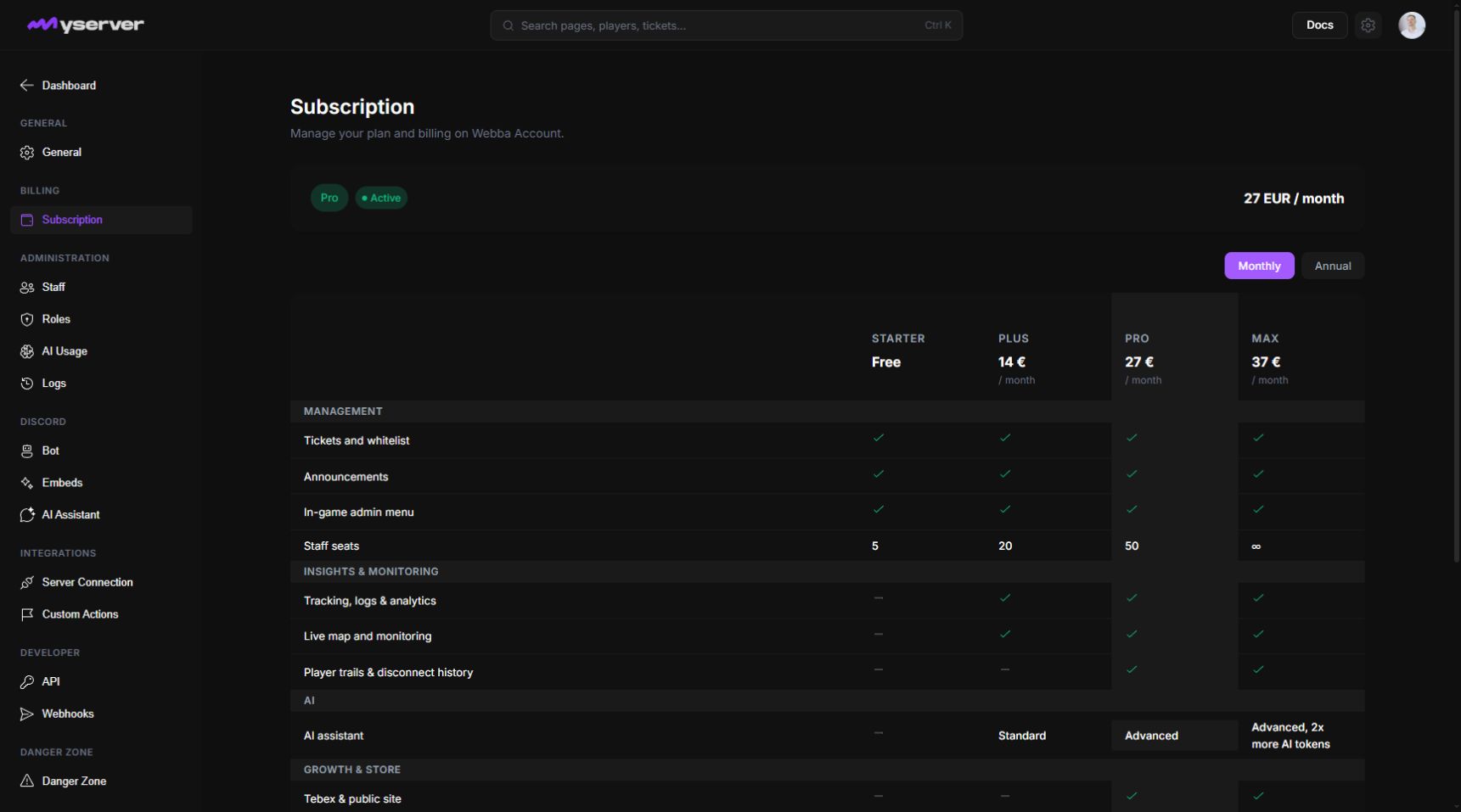 MyServer Subscription page with plan comparison