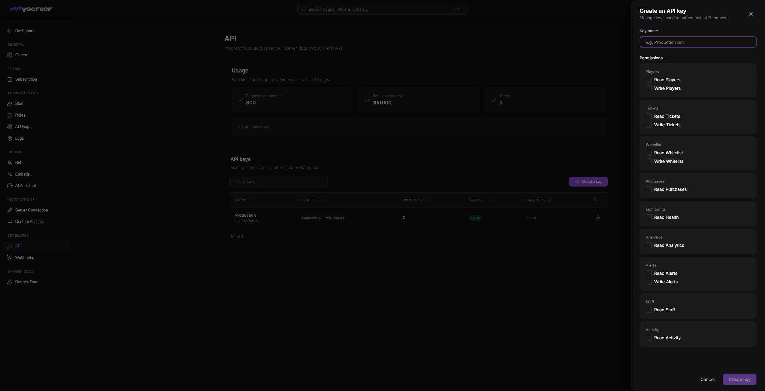 MyServer Create API key dialog with grouped permission scopes