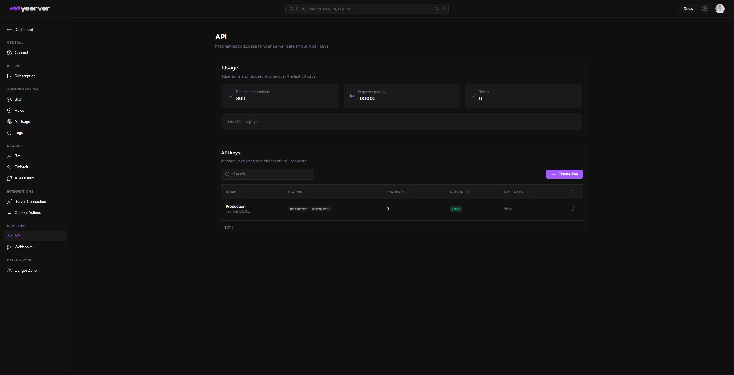 MyServer API usage and key management page