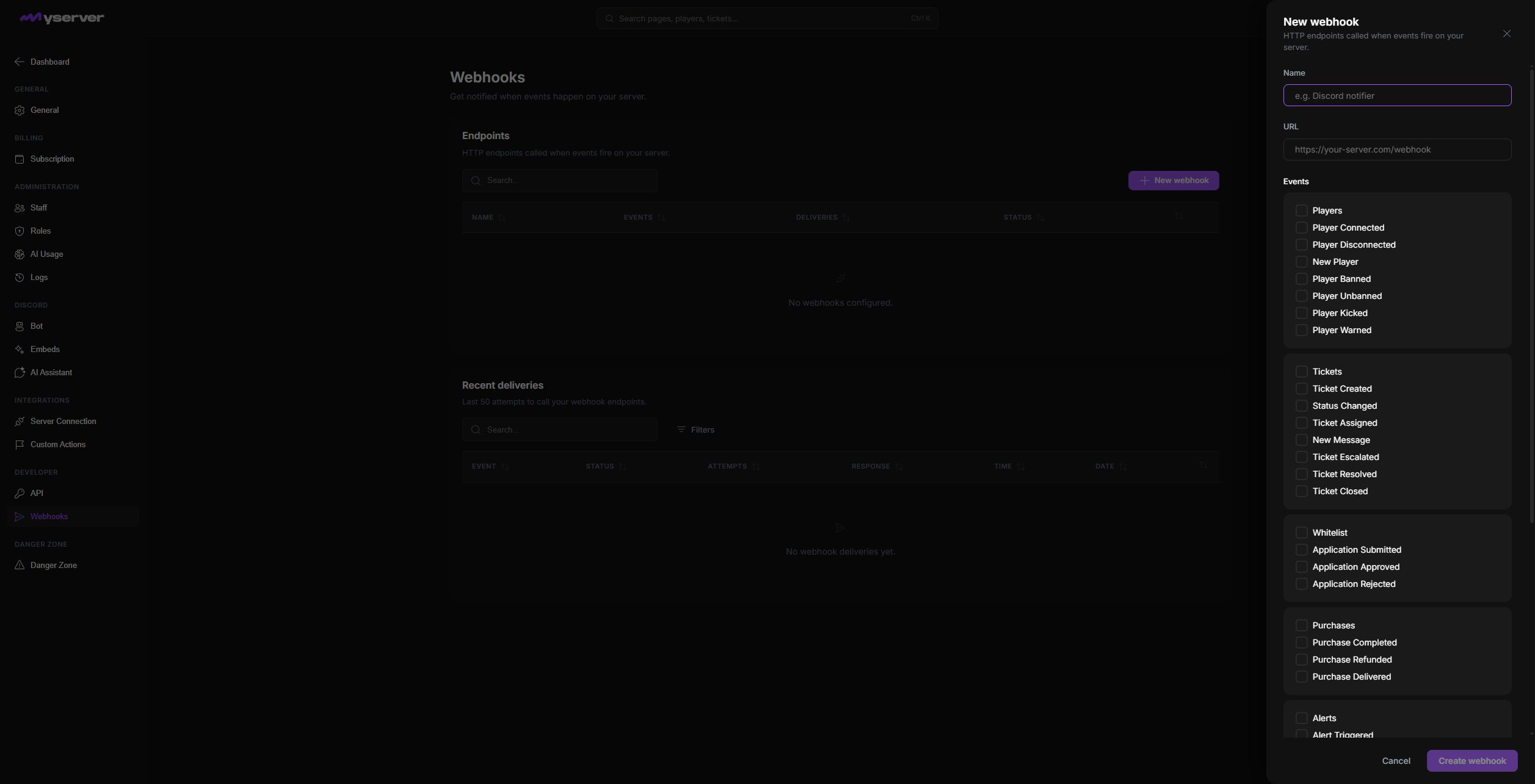 MyServer New webhook dialog with endpoint fields and event groups