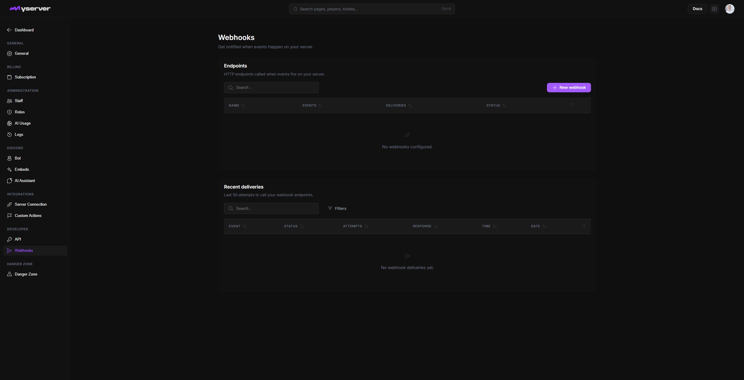MyServer webhook endpoint and delivery history page