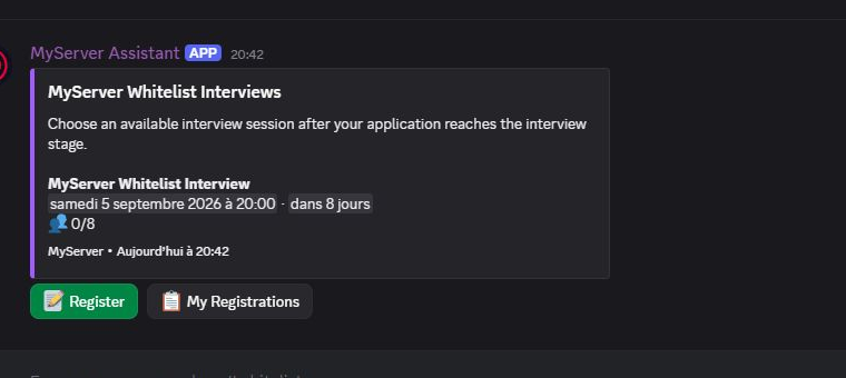 MyServer whitelist interview panel with a future session and registration actions