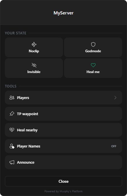 MyServer in-game admin menu home with self and server tools