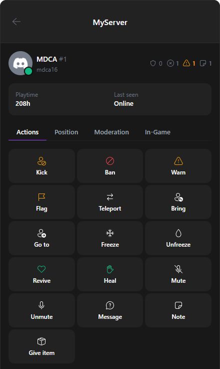 MyServer in-game player detail with moderation and connected-plugin actions