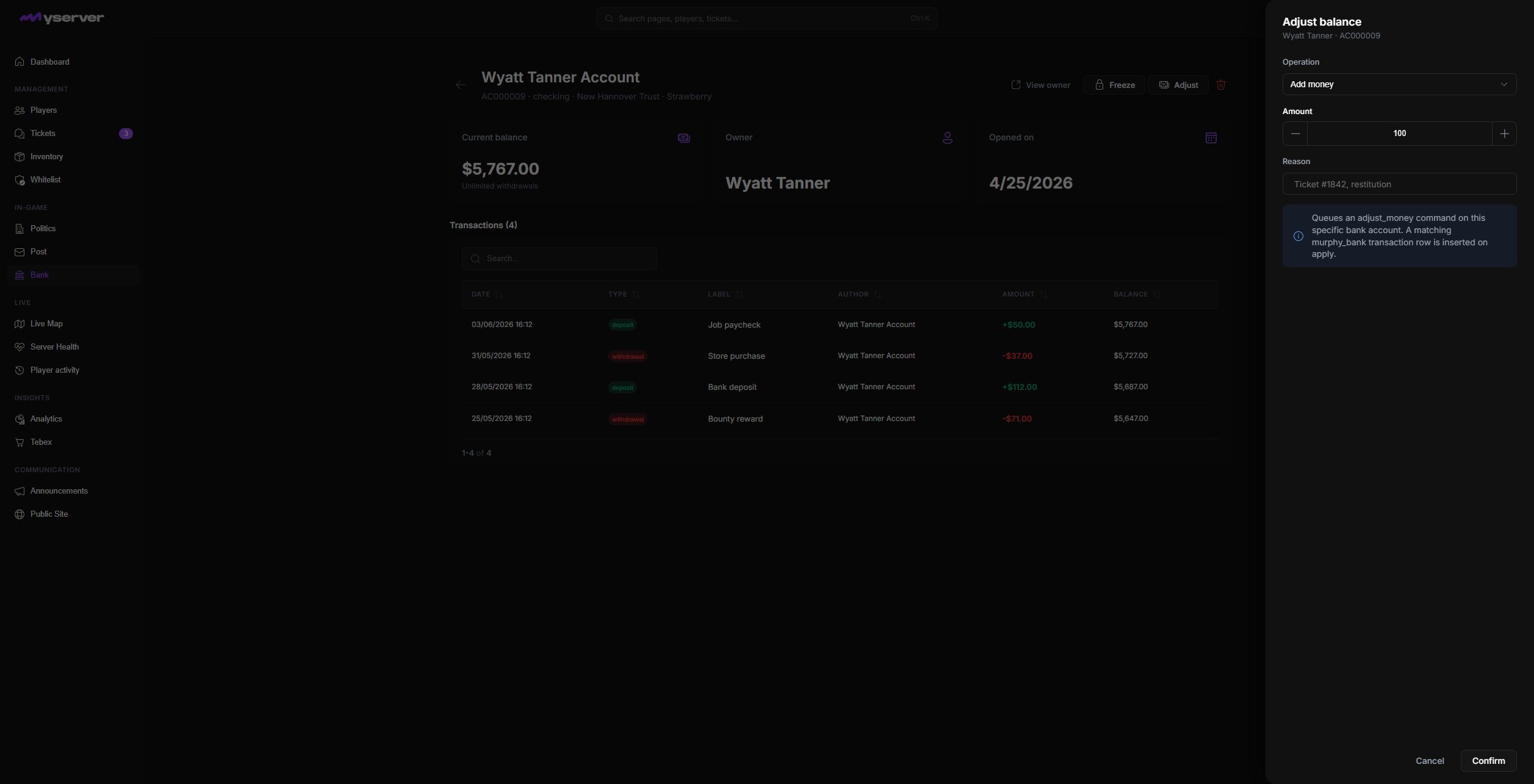 MyServer bank ledger with transaction history and Adjust balance dialog