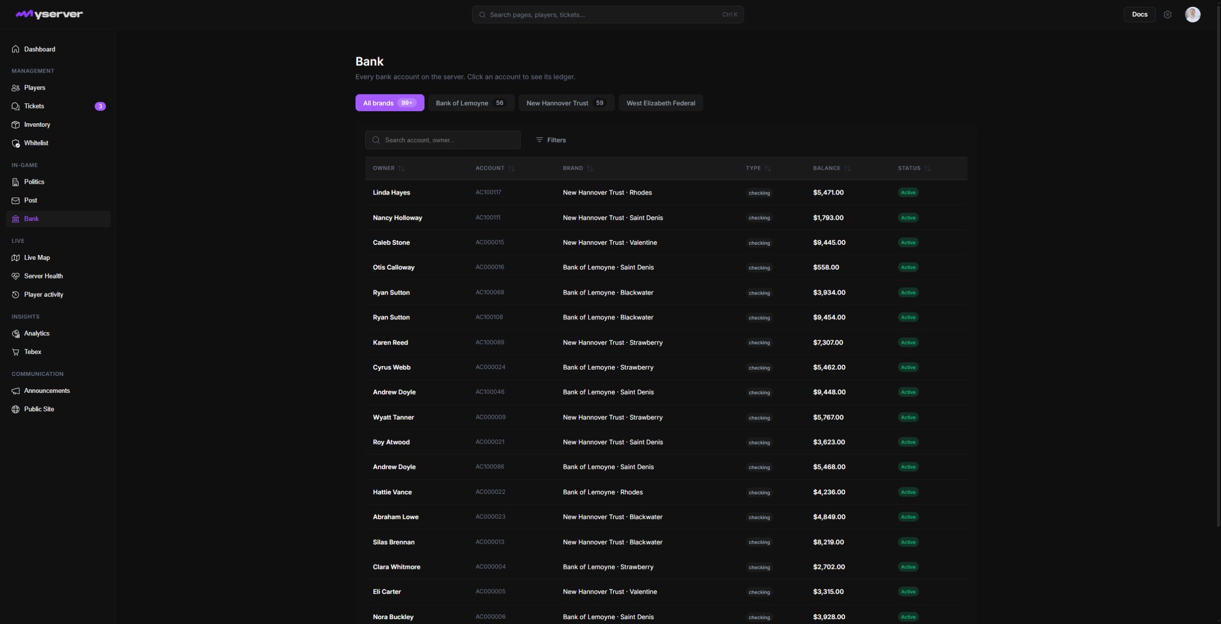 MyServer Bank page