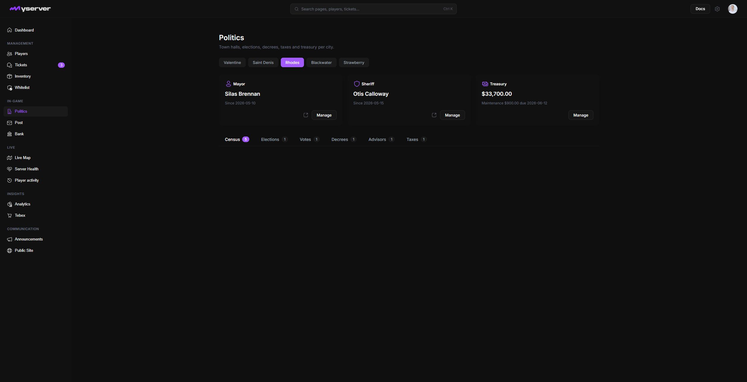 MyServer Politics page with town, office, and treasury controls