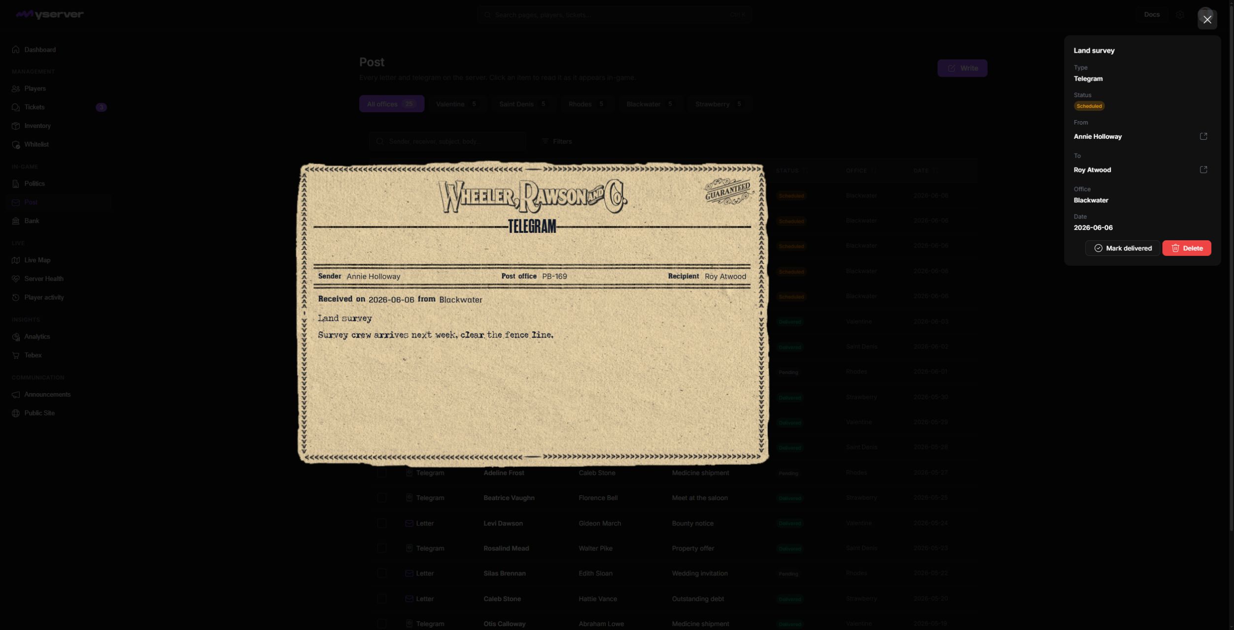 MyServer telegram viewer with message content, identities, and delivery actions