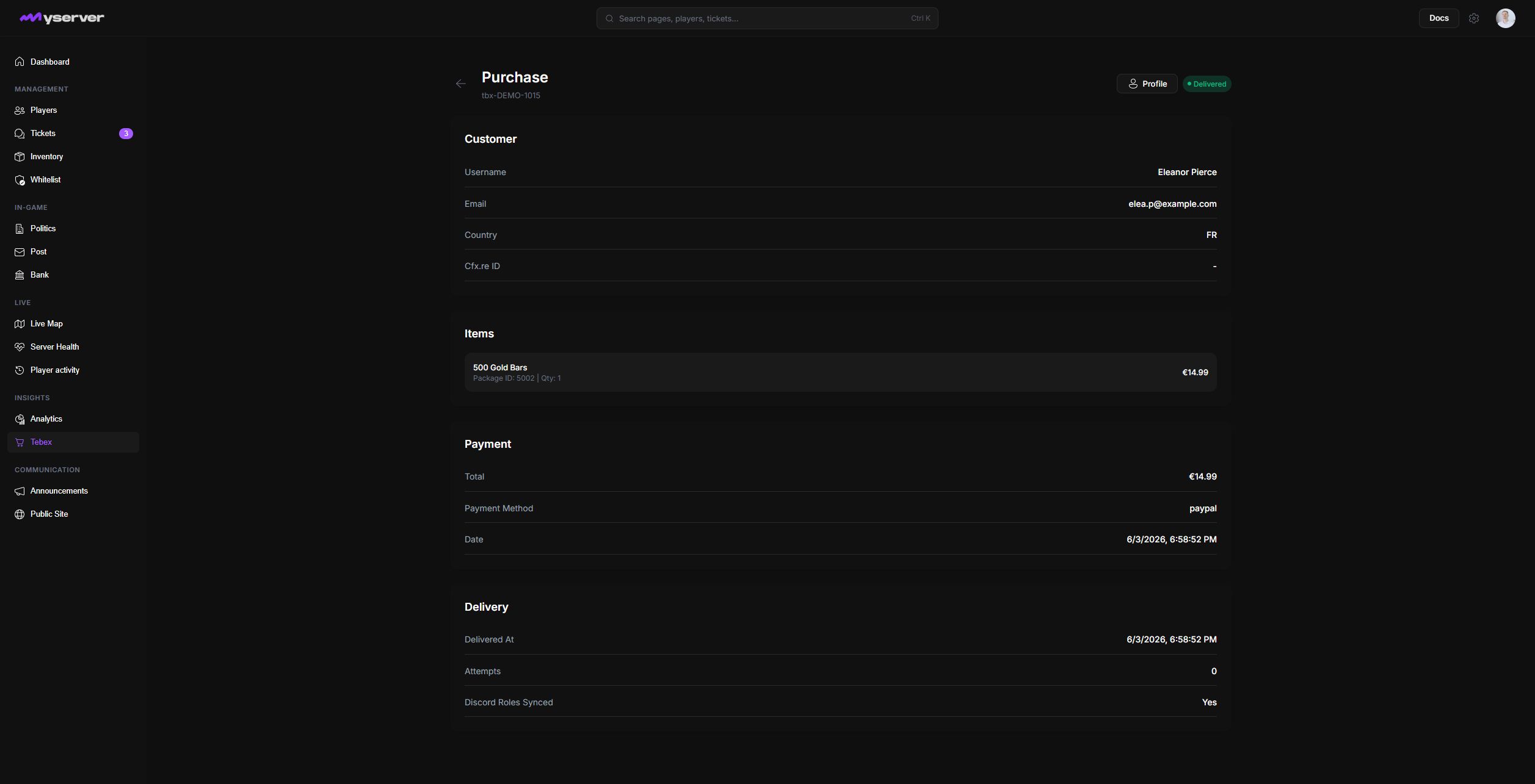 MyServer Tebex purchase detail with customer, payment, item, and delivery state