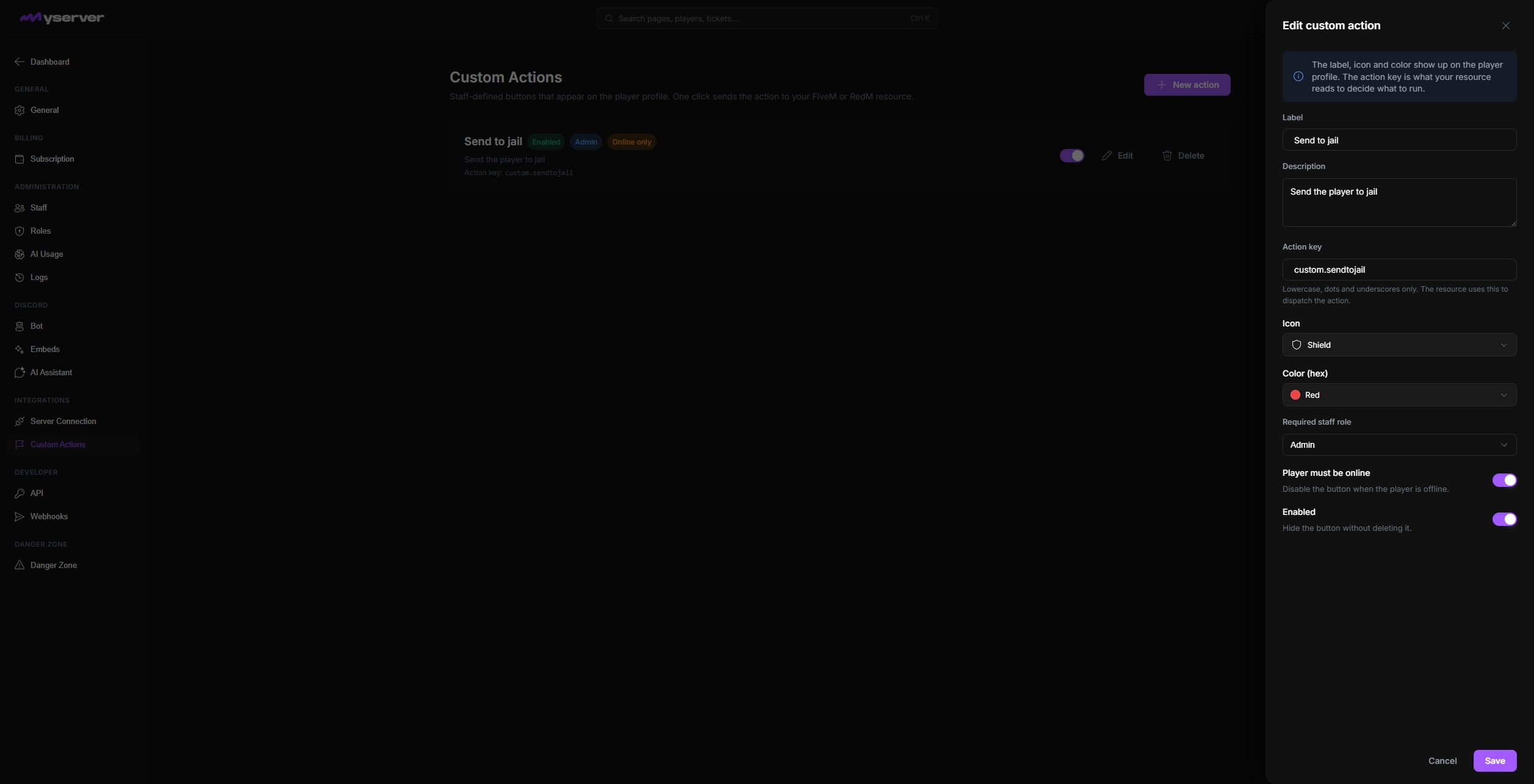 MyServer Edit custom action dialog for the Send to jail action