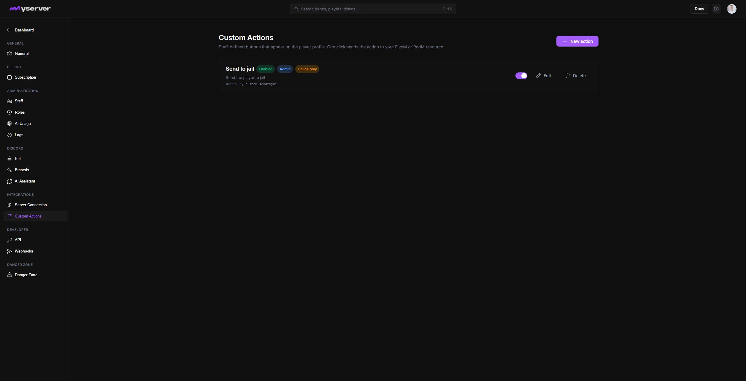 MyServer Custom Actions page
