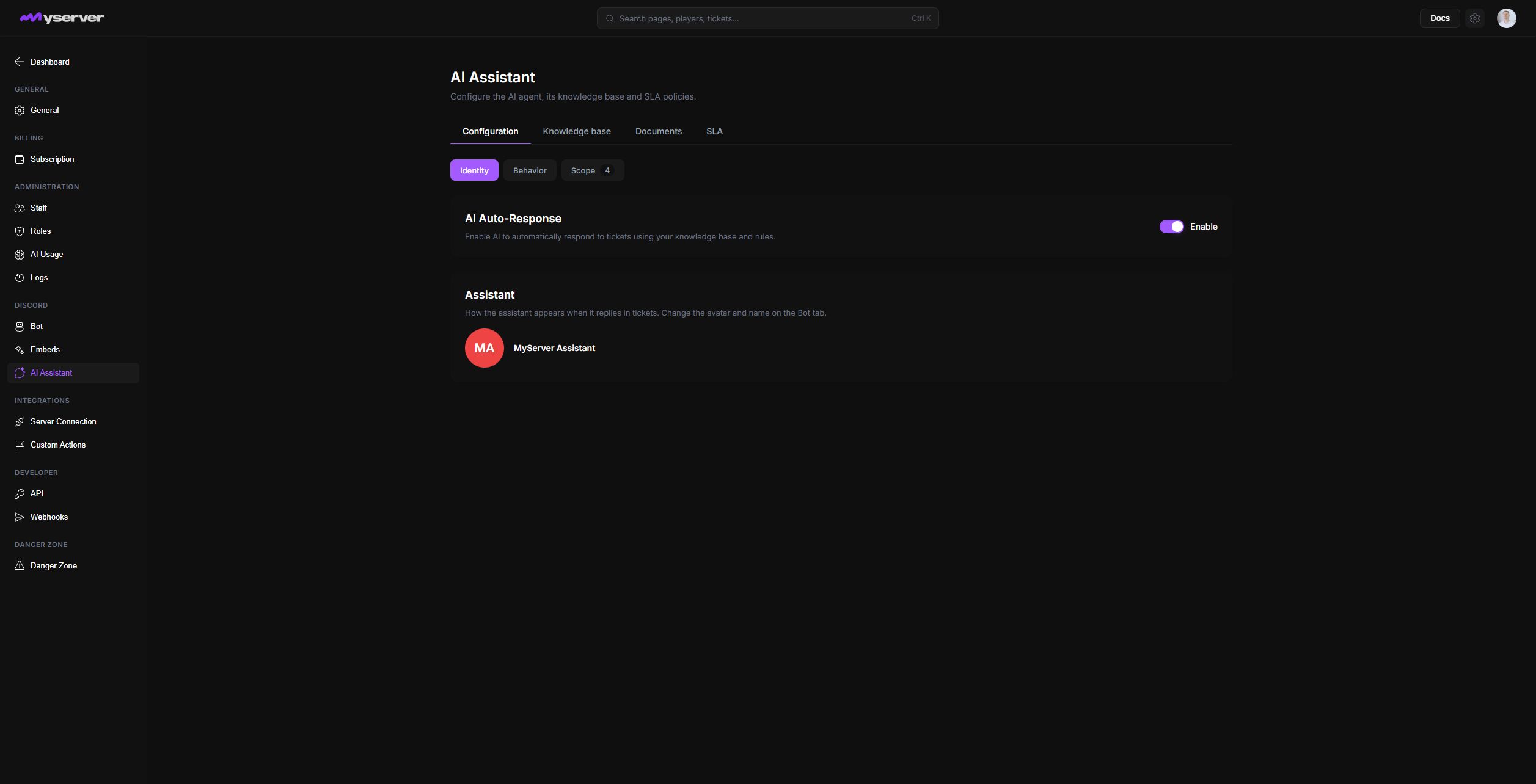 MyServer AI assistant settings