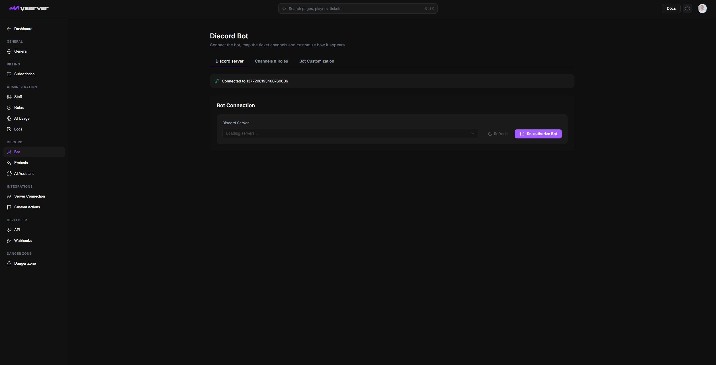MyServer Discord bot connection page
