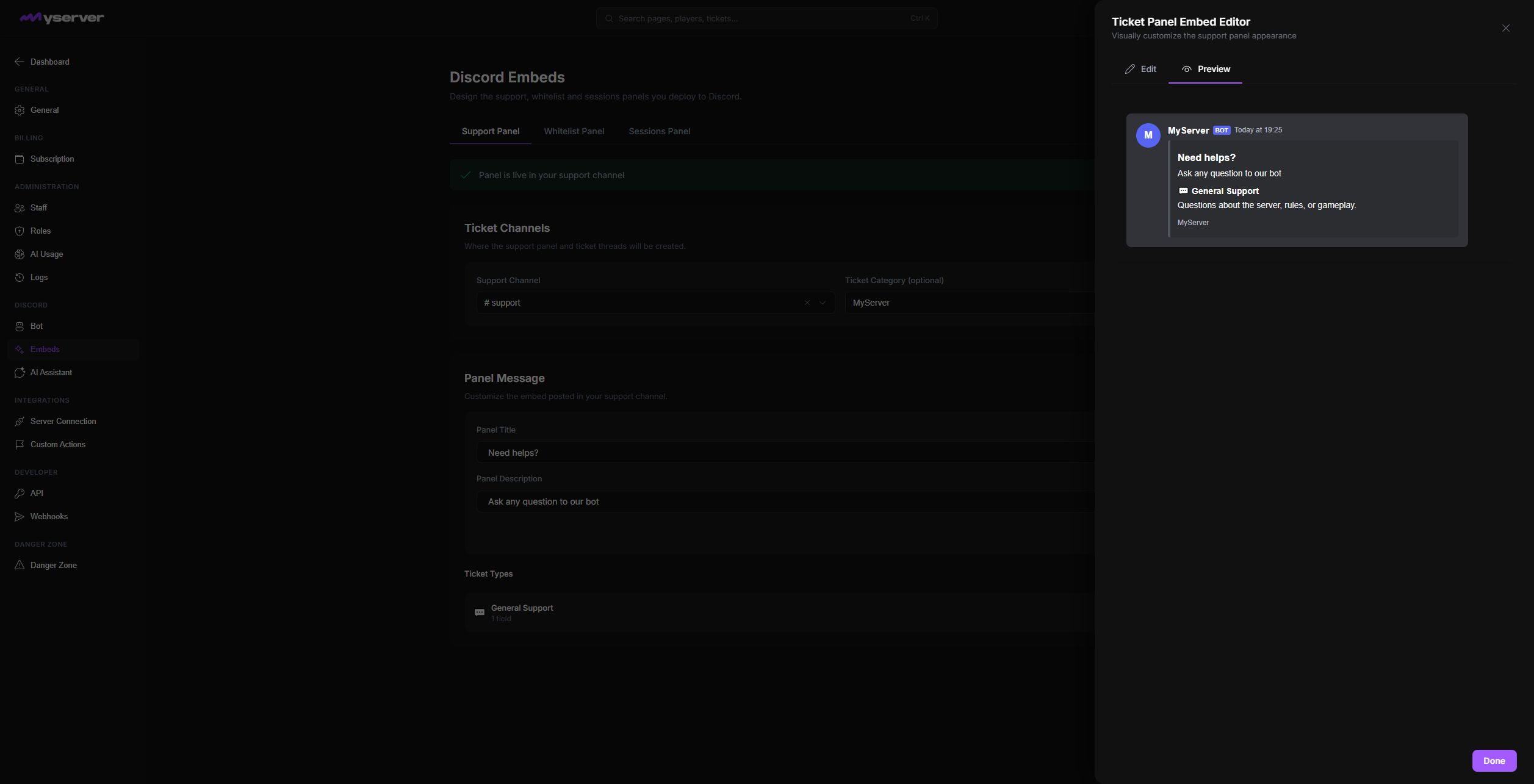 MyServer Support Panel embed dialog on the Discord-style Preview tab